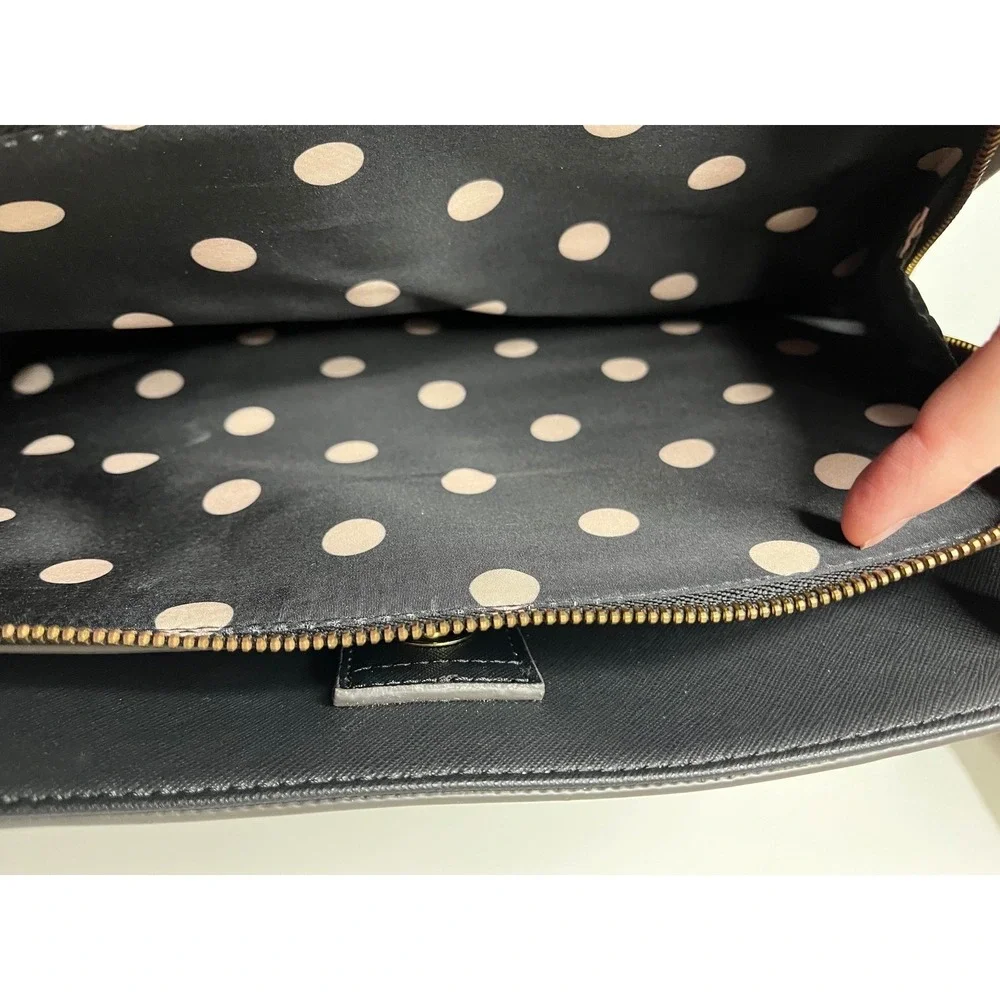 Anne Klein Black Faux Leather Tote Bag Polka Dot Lining Gold HW Satchel Purse